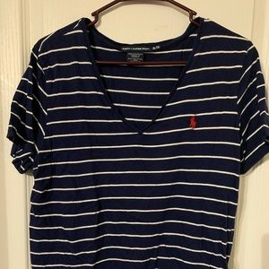 Blue and white stripe Polo with a red horse